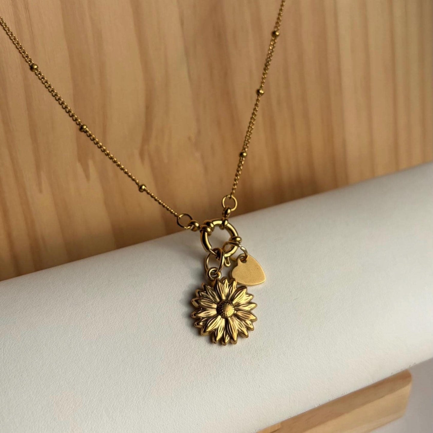 Gold Sunflower Heart Charm Necklace