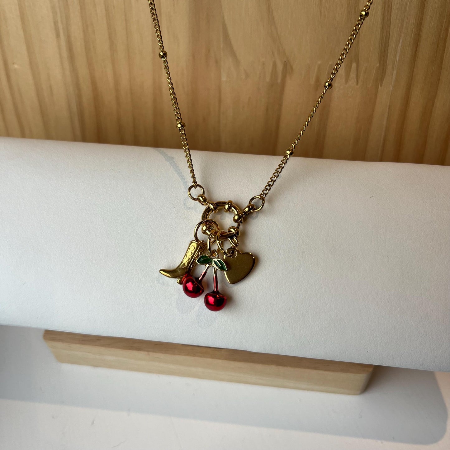 Cowboy Boot Cherry Heart Dainty Gold Charm Necklace