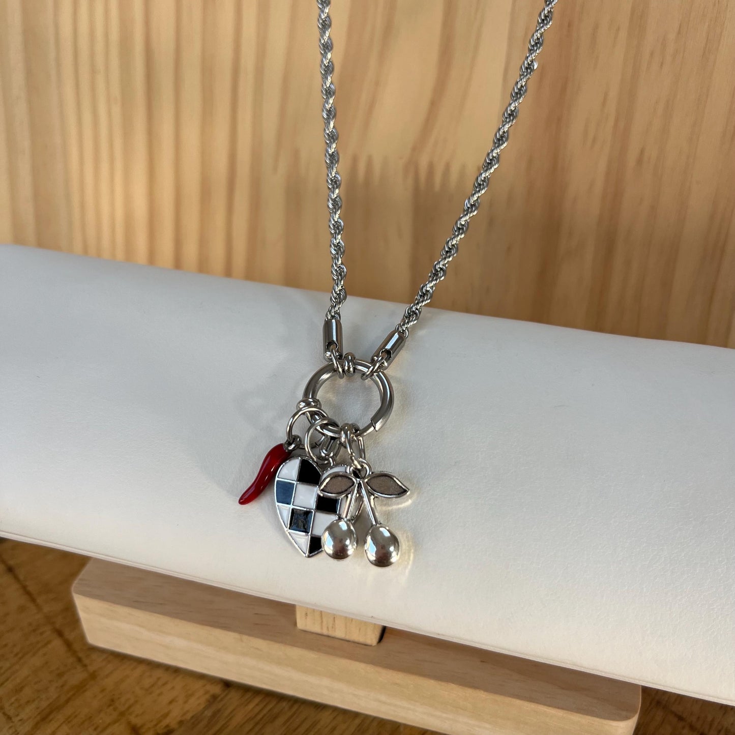 Silver Charm Necklace with Heart, Cherries, Chilli