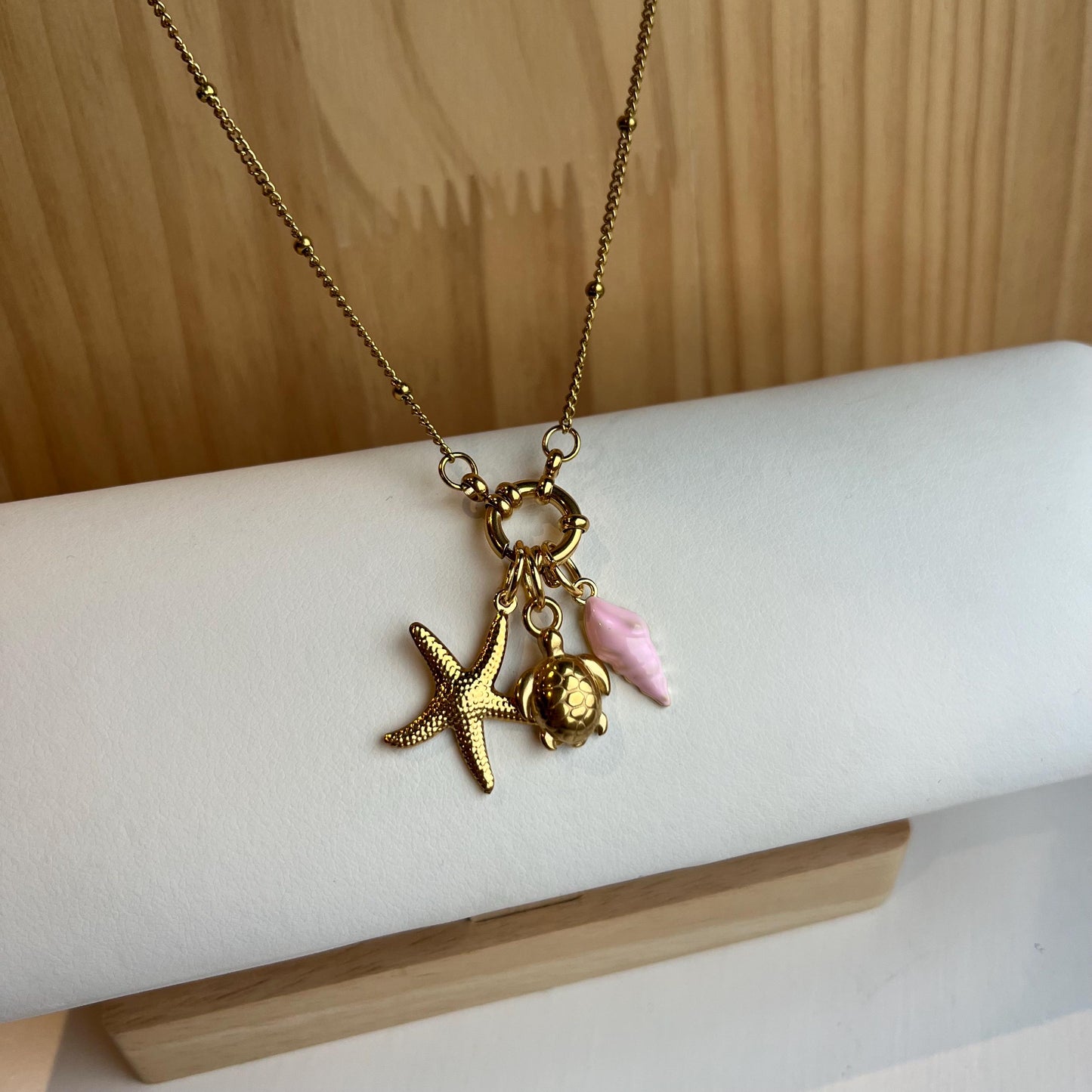 Gold Charm Necklace with Pink Shell, Turtle, Starfish