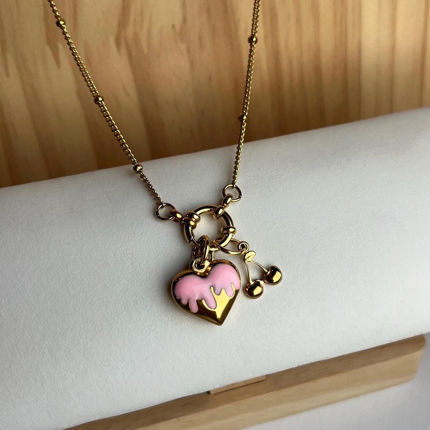 Pink Dripping Heart Cherry Gold Necklace