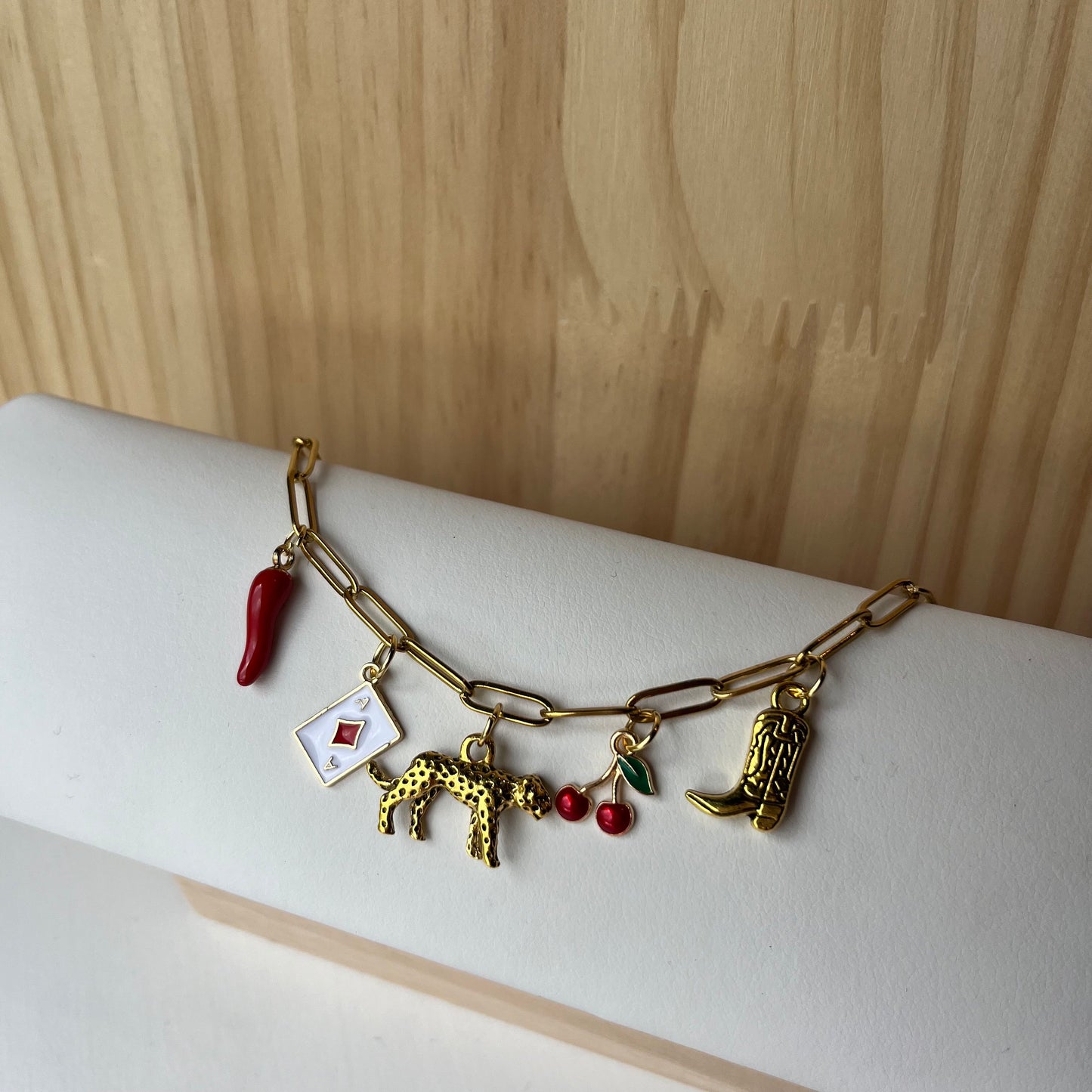 Gold Charm Necklace with Leopard, Cherry, Chilli, Playing Card, Boot Charms
