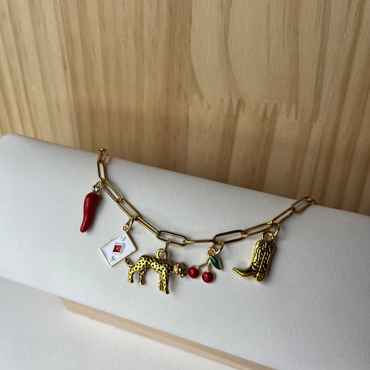 Gold Charm Necklace with Leopard, Cherry, Chilli, Playing Card, Boot Charms