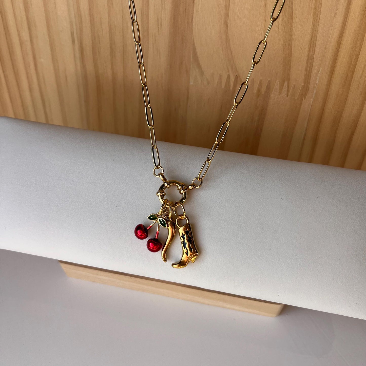 Gold Paperclip Necklace, Chilli, Cherry, Cowboy Boot Charms