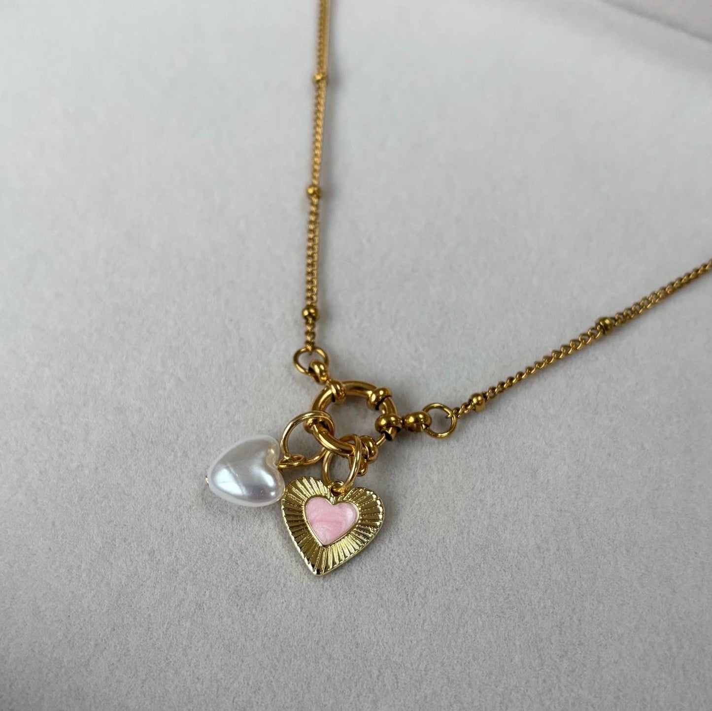 Gold Charm Necklace with Pink Heart and Pearl