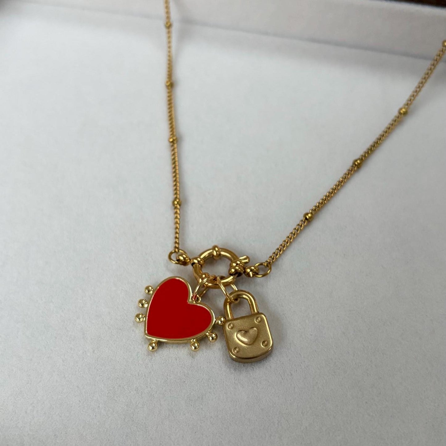 Red Heart Padlock Gold Charm Pendant Necklace