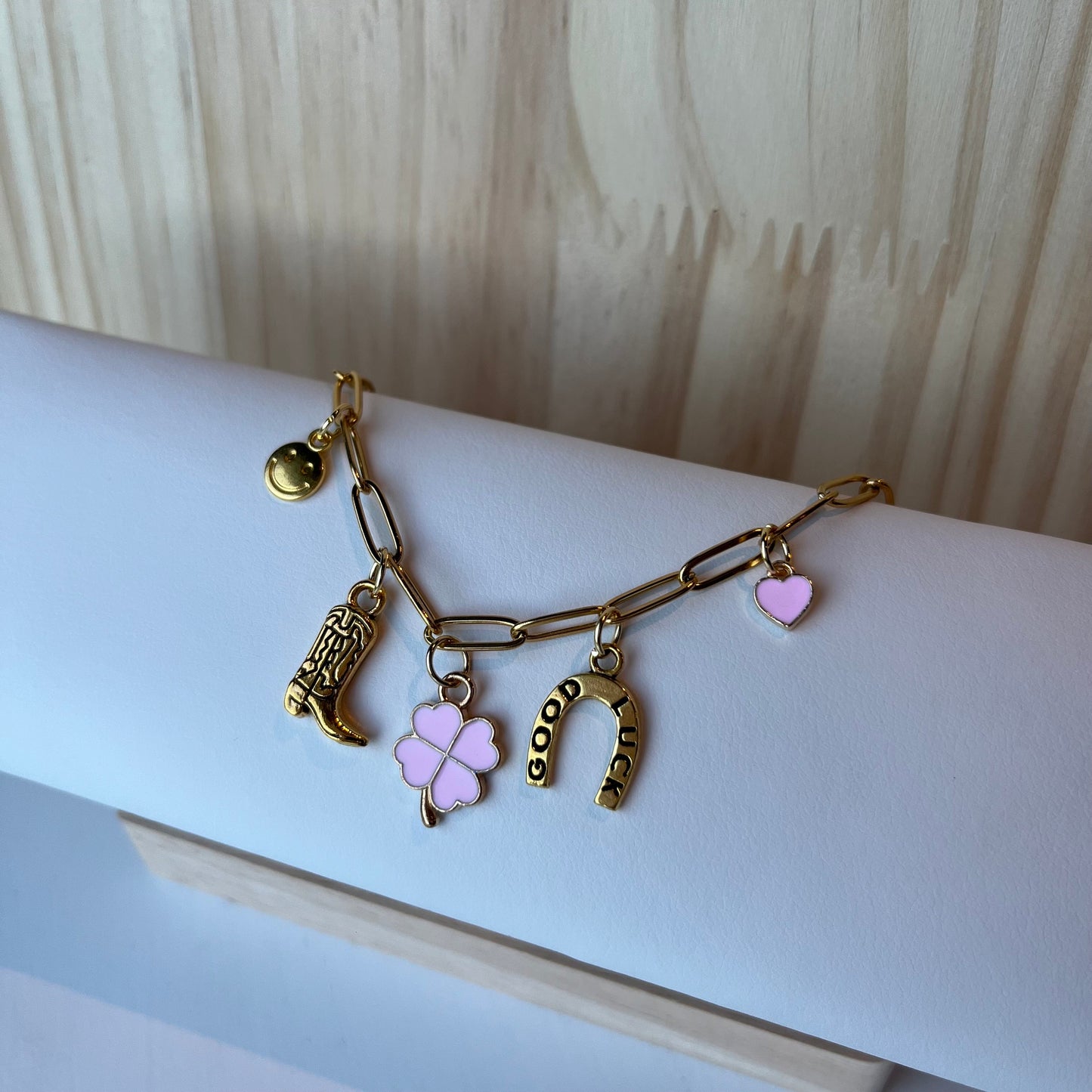Gold Charm Necklace with Clover, Boot, Heart, Horseshoe