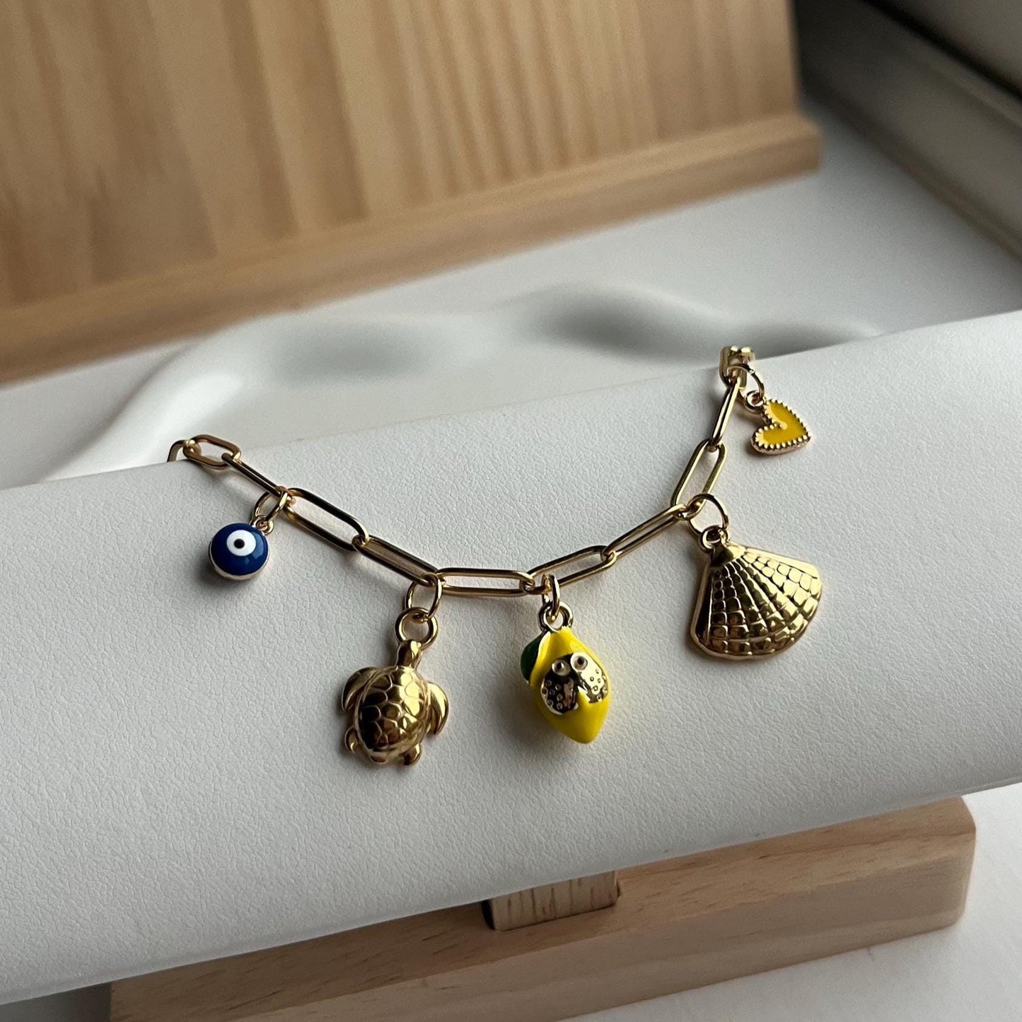 Gold Charm Necklace – Italy Lemon Charm Turtle, Evil Eye, Shell Charms