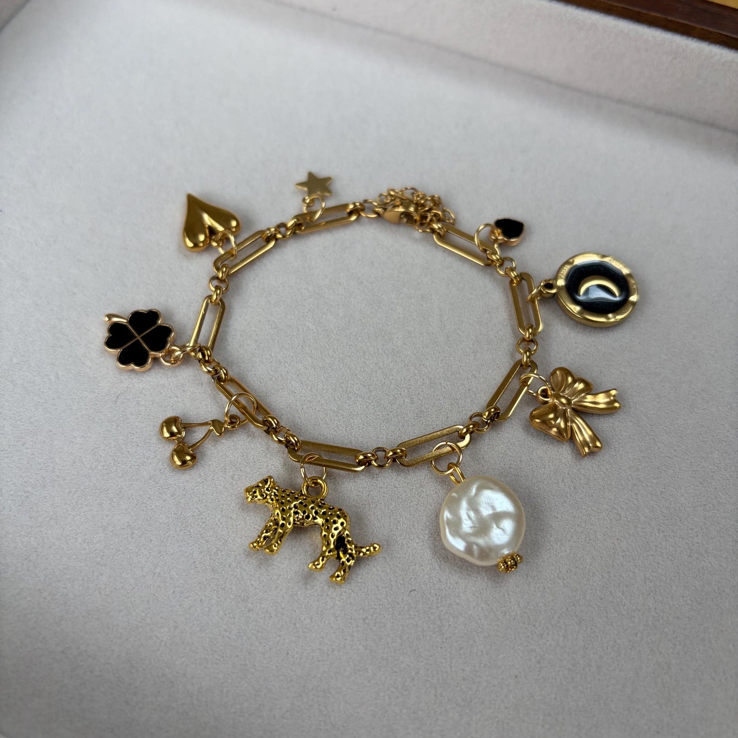 Black Leopard and Pearl Gold Charm Bracelet