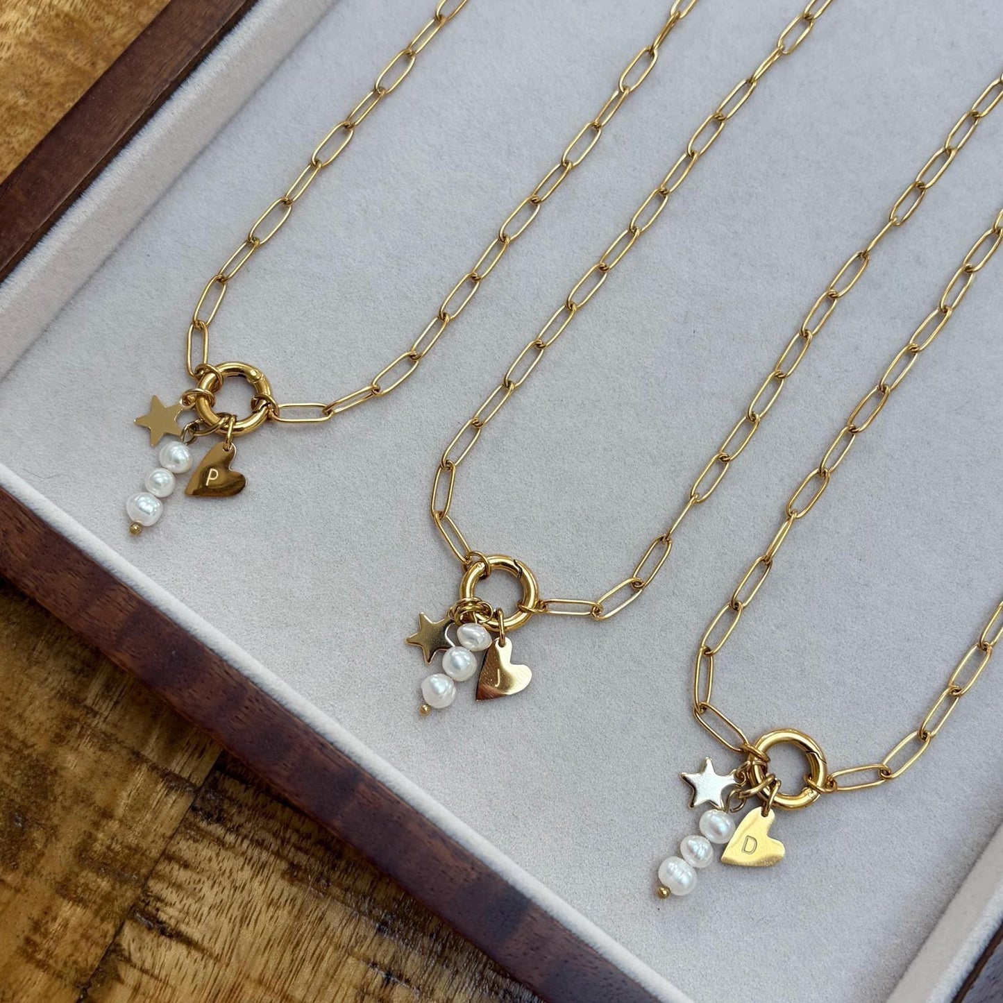 Customisable Initial Heart, Pearl and Star Charm Necklace