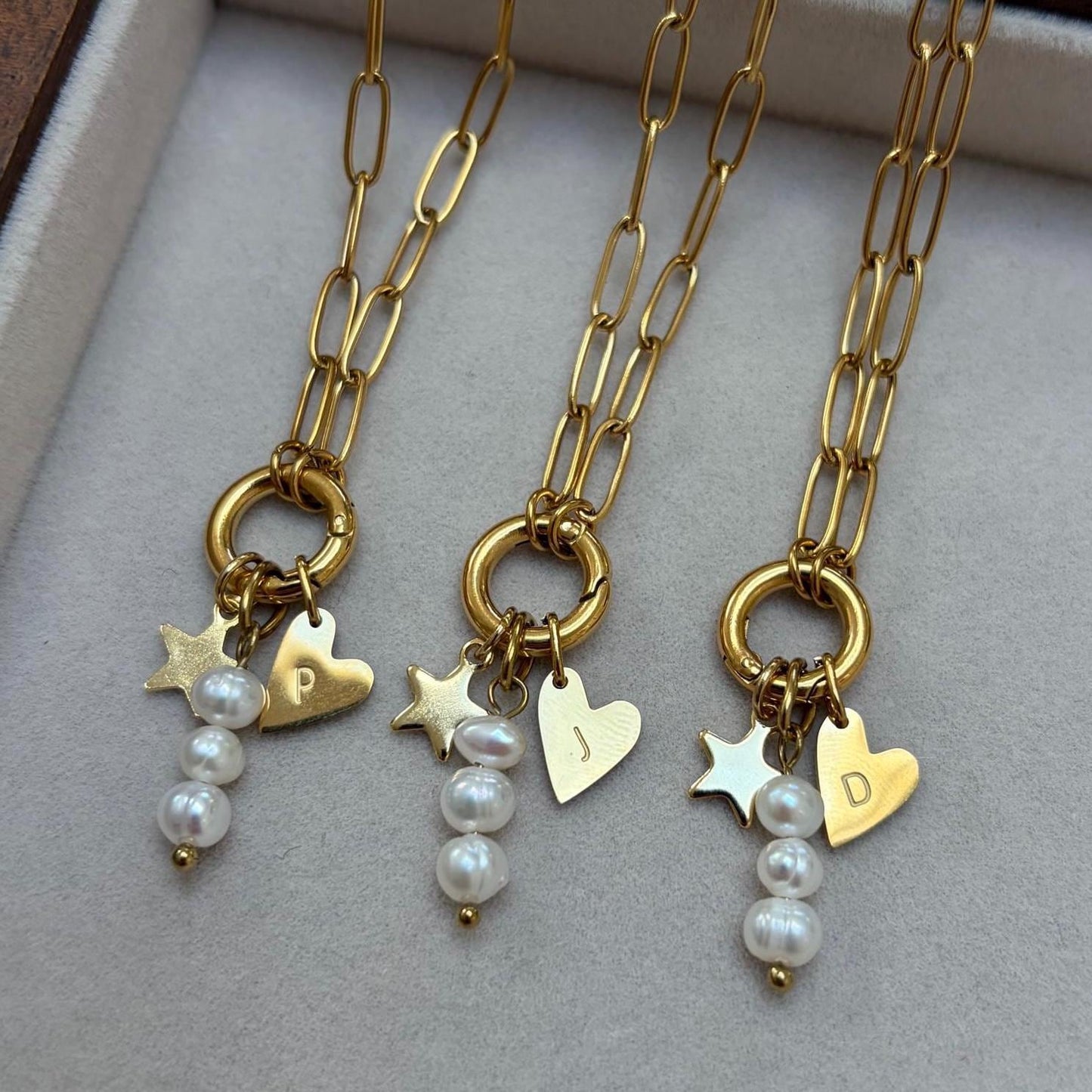 Customisable Initial Heart, Pearl and Star Charm Necklace