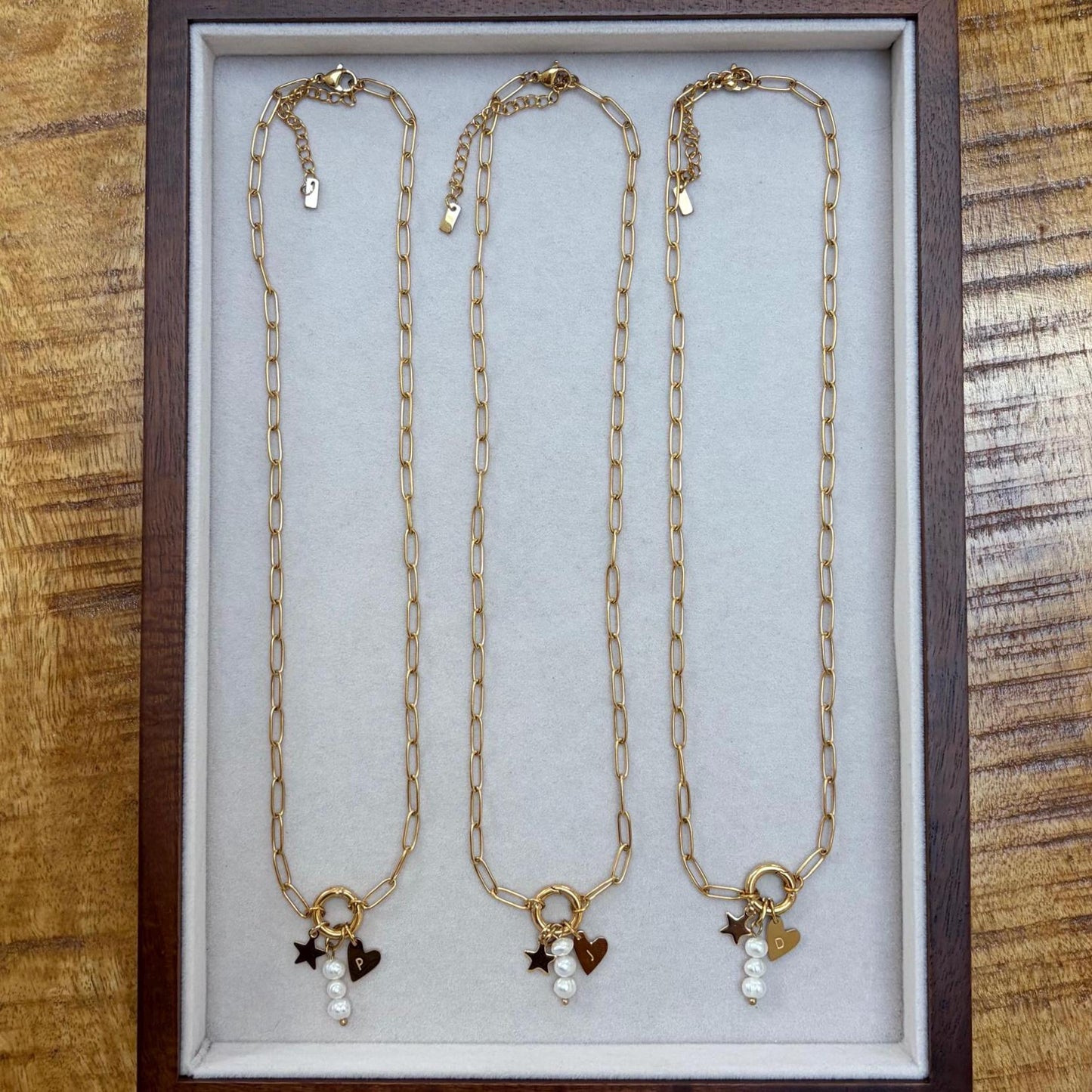 Customisable Initial Heart, Pearl and Star Charm Necklace
