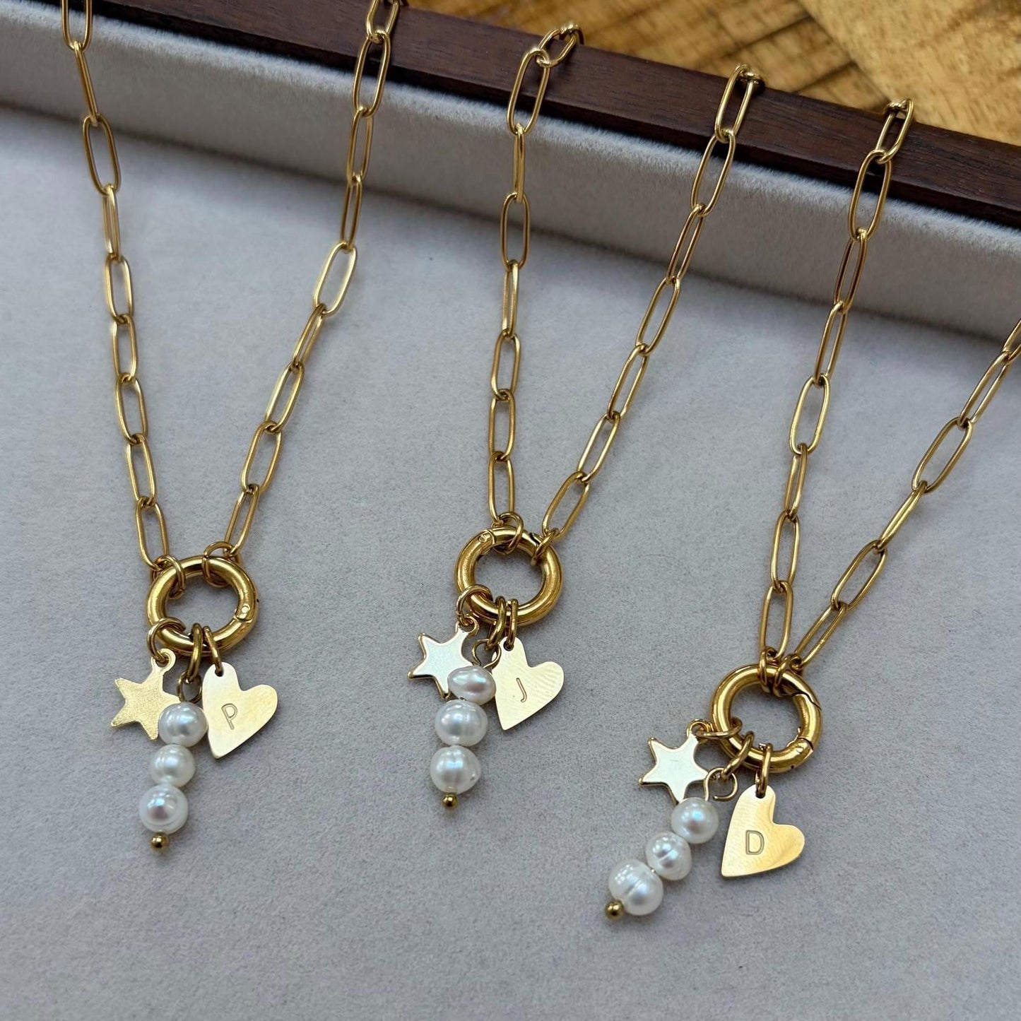 Customisable Initial Heart, Pearl and Star Charm Necklace