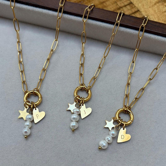 Customisable Initial Heart, Pearl and Star Charm Necklace