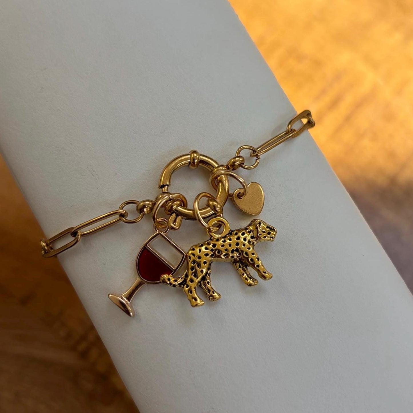 Gold Charm Bracelet with Wine Glass, Leopard and Heart Charms