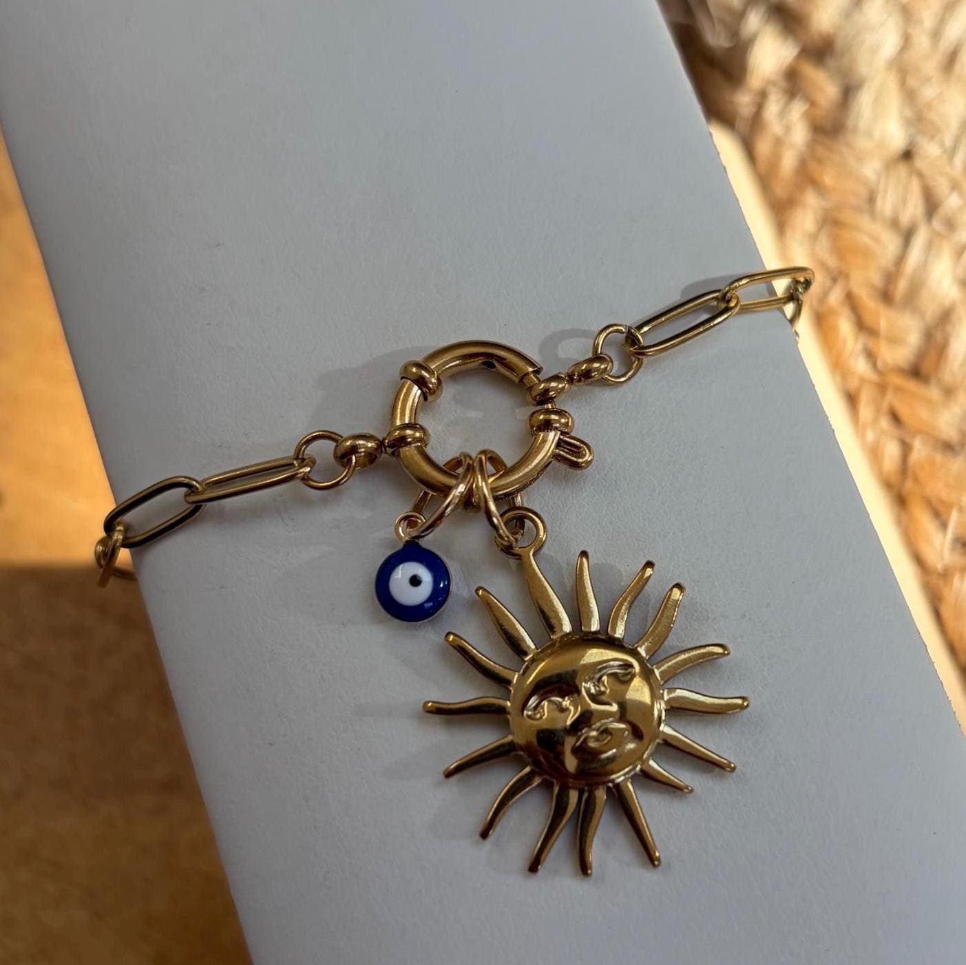 Gold Charm Bracelet with Sun and Evil Eye Charms