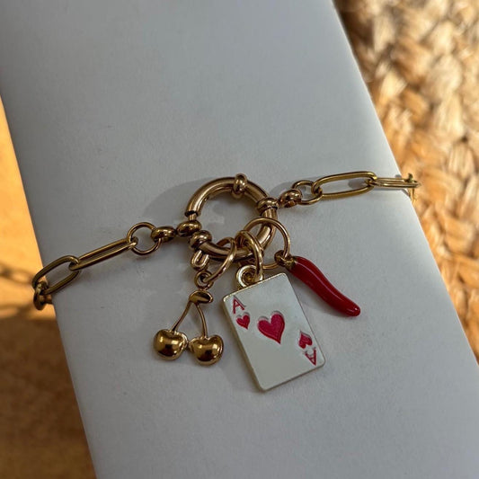 Gold Charm Bracelet with Chilli, Cherry and Playing Card Charms