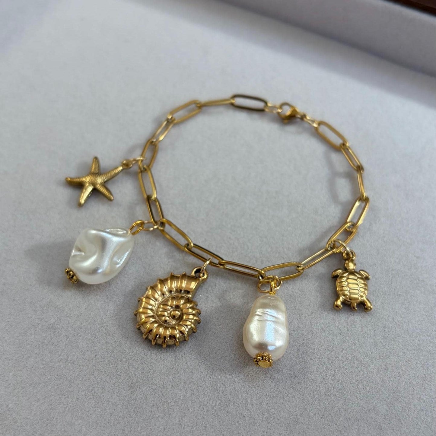Gold Charm Bracelet with Seashell, Pearl and Turtle Charms